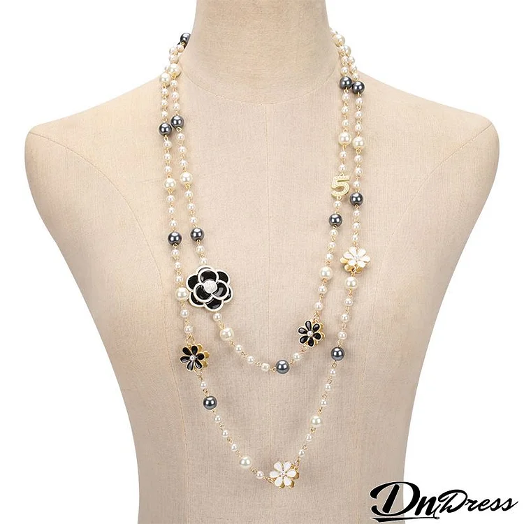 Women Fashion Camellia Pearl Double Layer Necklace