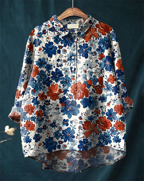 Women's Floral Print Casual Cotton and Linen Shirt