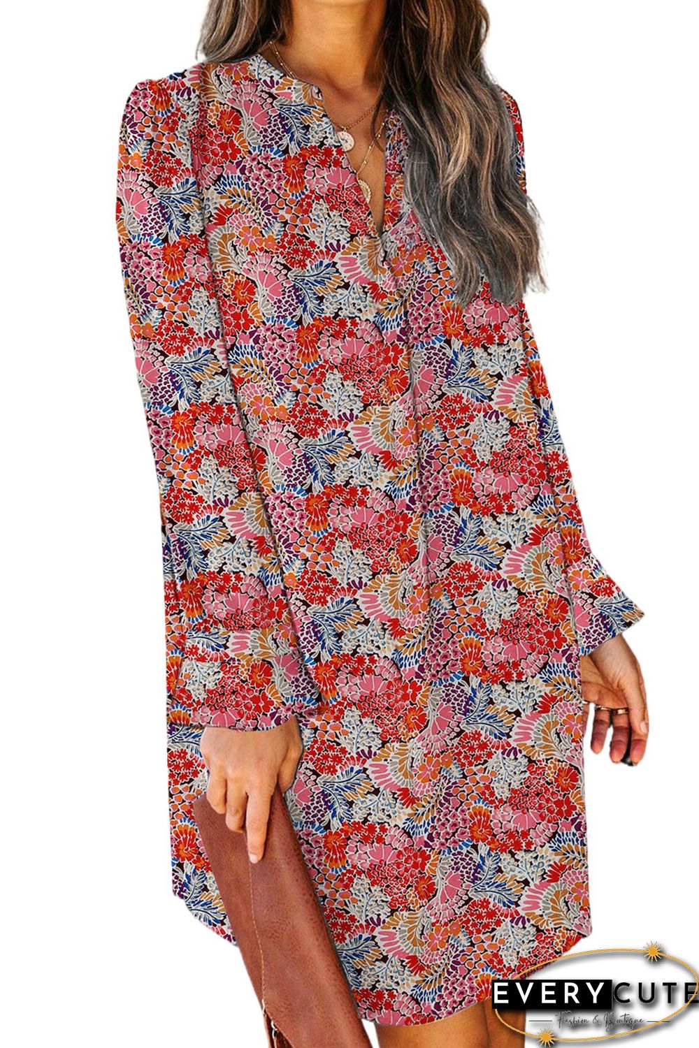 Multicolor Floral Split Neck Long Sleeve Mini Dress