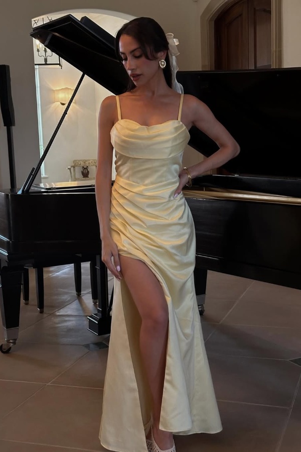Ovlias Yellow Spaghetti Strap Prom Dress Semi-Sweetheart Pleated with Split JQ0034