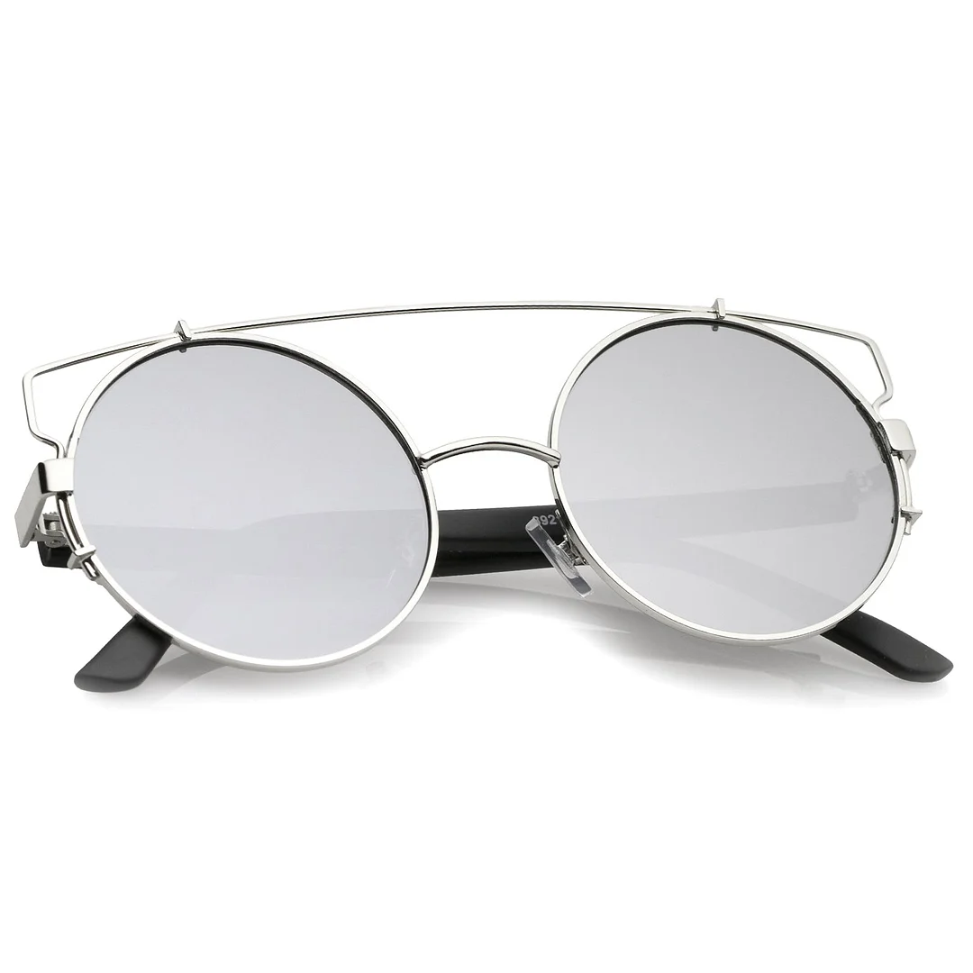 Midsize Metal Frame Horn Rimmed Crossbar Mirror Flat Lens Round glasses 53mm