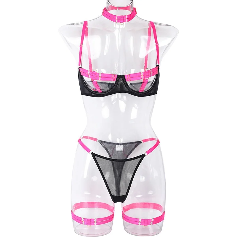 Billionm Billionm Women's Bra Set Summer New Lace Mesh Thin Sexy Lingerie Neck Ring Leg Ring Fashion Temptation Erotic Underwear Set 1215-0