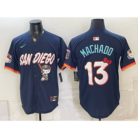 Men's San Diego Padres #13 Manny Machado Navy Hello Kitty Stitched Baseball Jersey