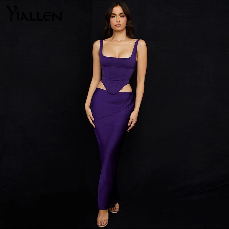 Yiallen Sexy Solid 2021 New 2 Piece Set Women Skirt And Top Mesh Corset Crop Vest Long Skirt Clothes Outfits Club Party Dresses