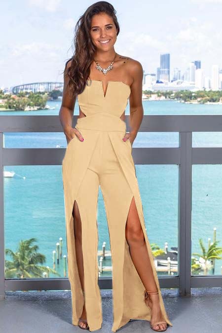  Chic Black Jumpsuit  Strapless Sleeveless Cutout Slit Long Wide Leg JP0007