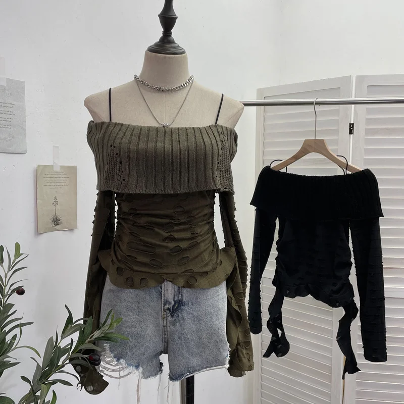 Uveng Real Shooting Of Waste Soil Wind Word Leakage Collar Collar Collar To Make Old Hole Sling Knitted Shirt With Short Sweater 1113