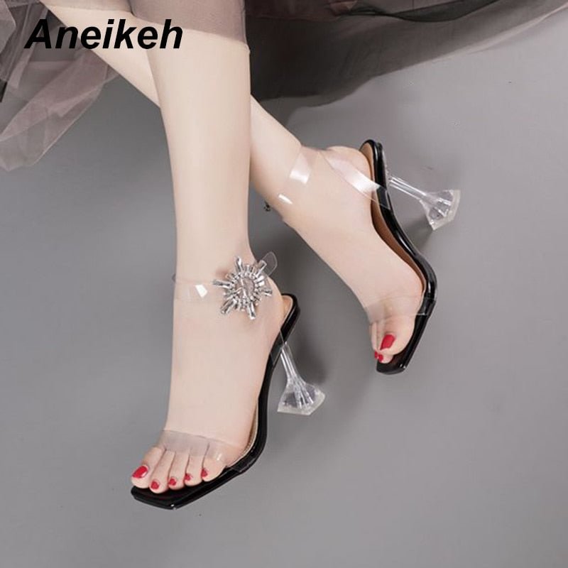 Aneikeh 2022 Summer Fashion Rhinestone Clear PVC Transparent Sandals Women Shoes Peep Toe Spike Heels High Heels Sandals 41 42