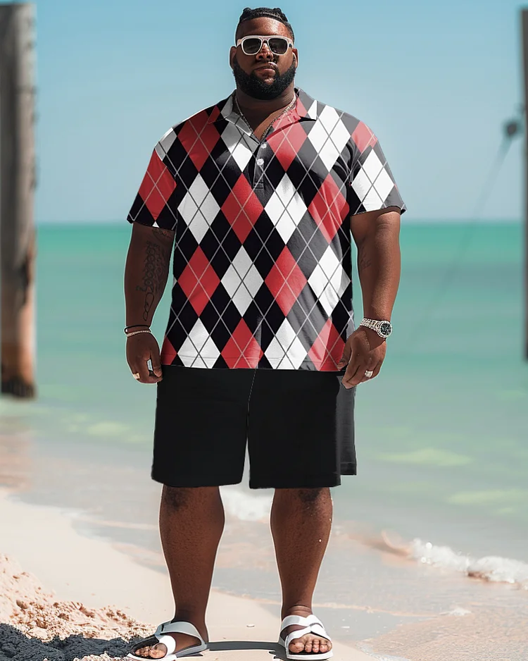 Men's Plus Size Classic Check Print Polo Shirt Shorts Suit