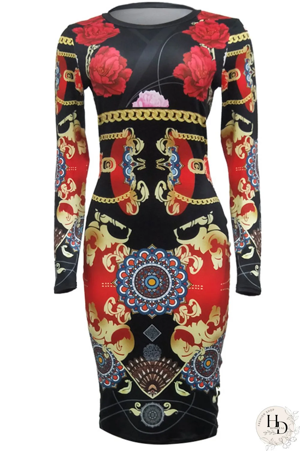 Blue Milk. Europe and America Cap Sleeve Long Sleeves O neck Pencil Dress Mid-Calf Patchwork Print Club