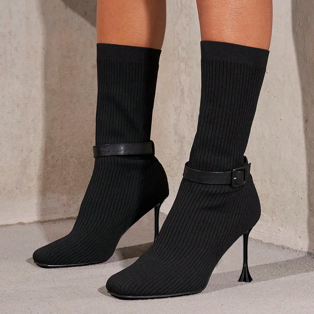 Black Textile Closed Pointed Toe Mid Calf Boots With Flared Heels Nicepairs