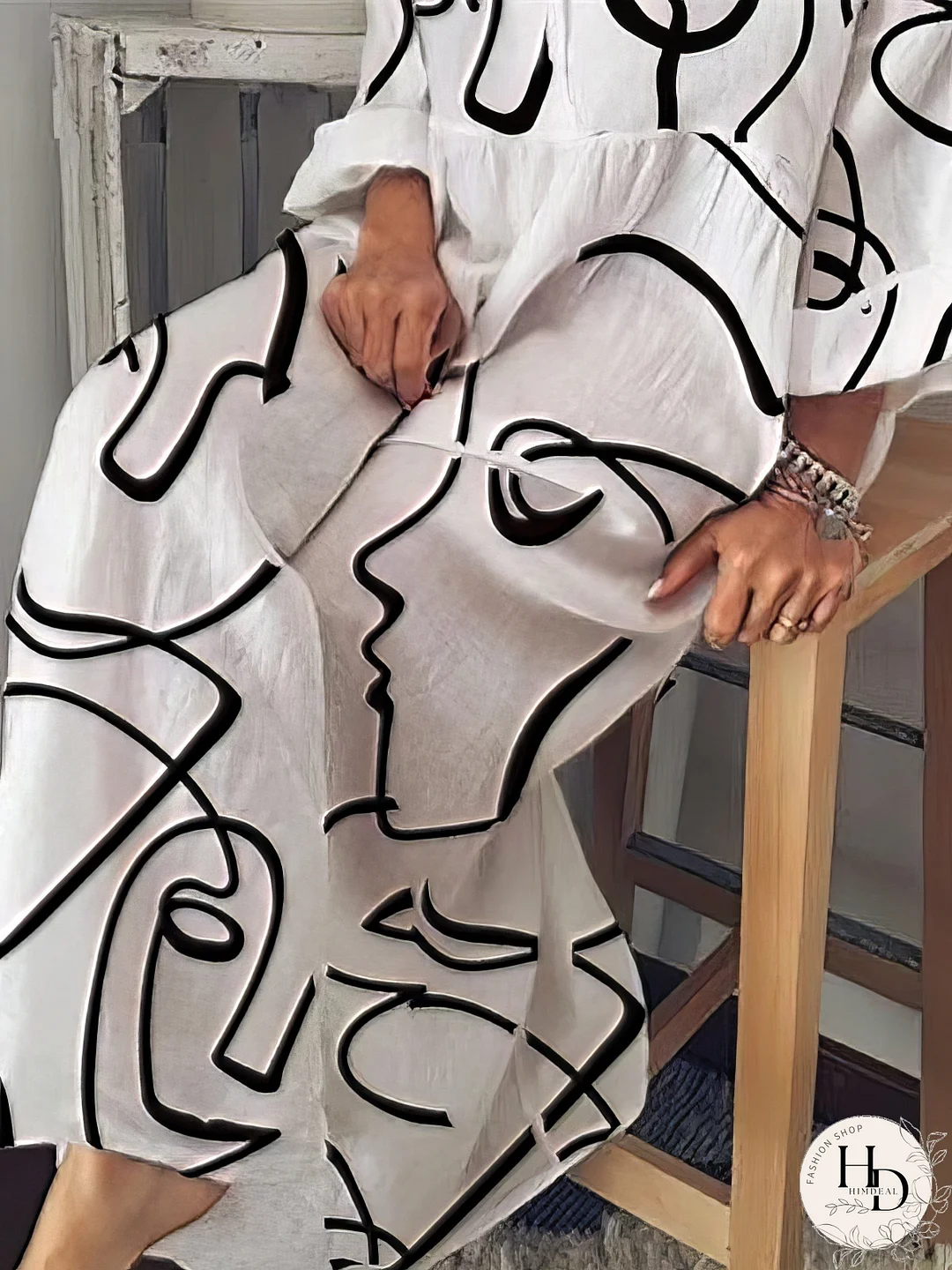 Tiered Maxi Dress with Abstract Faces