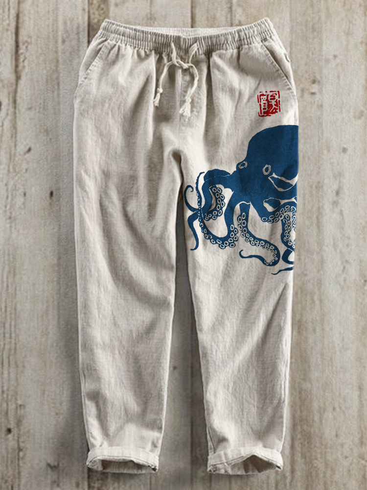 Octopus Japanese Lino Art Linen Blend Casual Pants