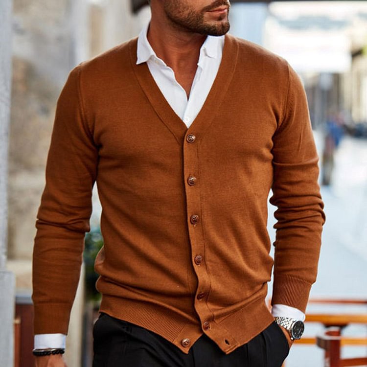 Plain Button Standard V-Neck Casual Men's Sweater
