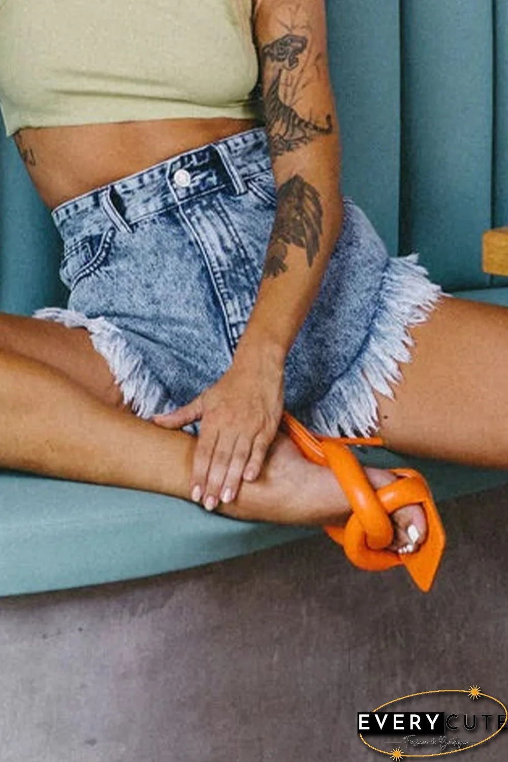 Sky Blue Dark Acid Wash Raw Hem Jean Shorts