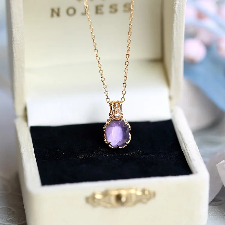 Olivenorma Natural Amethyst Square Stone Ring Necklace