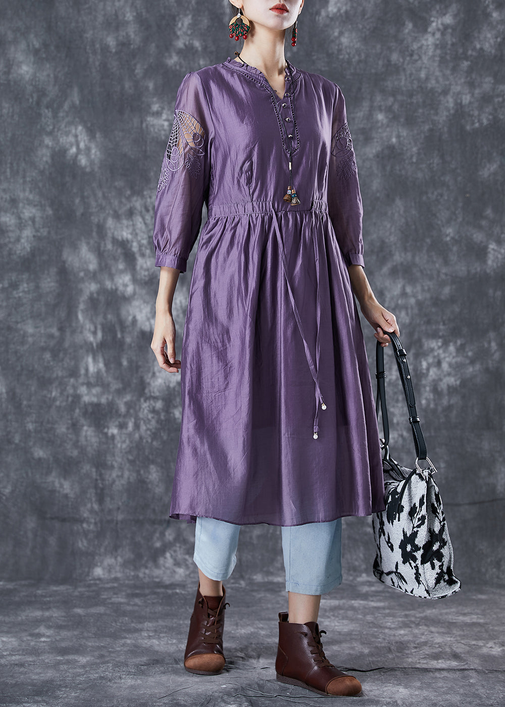VCSHOES Purple Cinched Patchwork Hollow Out Silk Party Dress Bracelet Sleeve