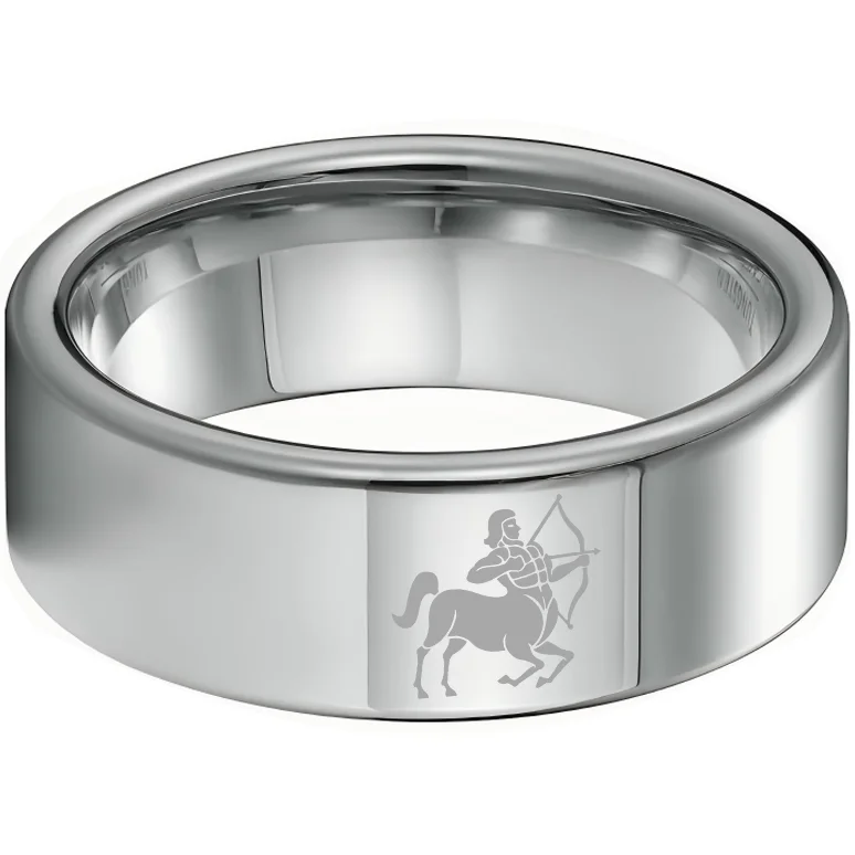Sliver Tungsten Carbide Rings Flat Sagittarius Wedding Band Flat Top Comfort Fit 4MM 6MM 8MM Width