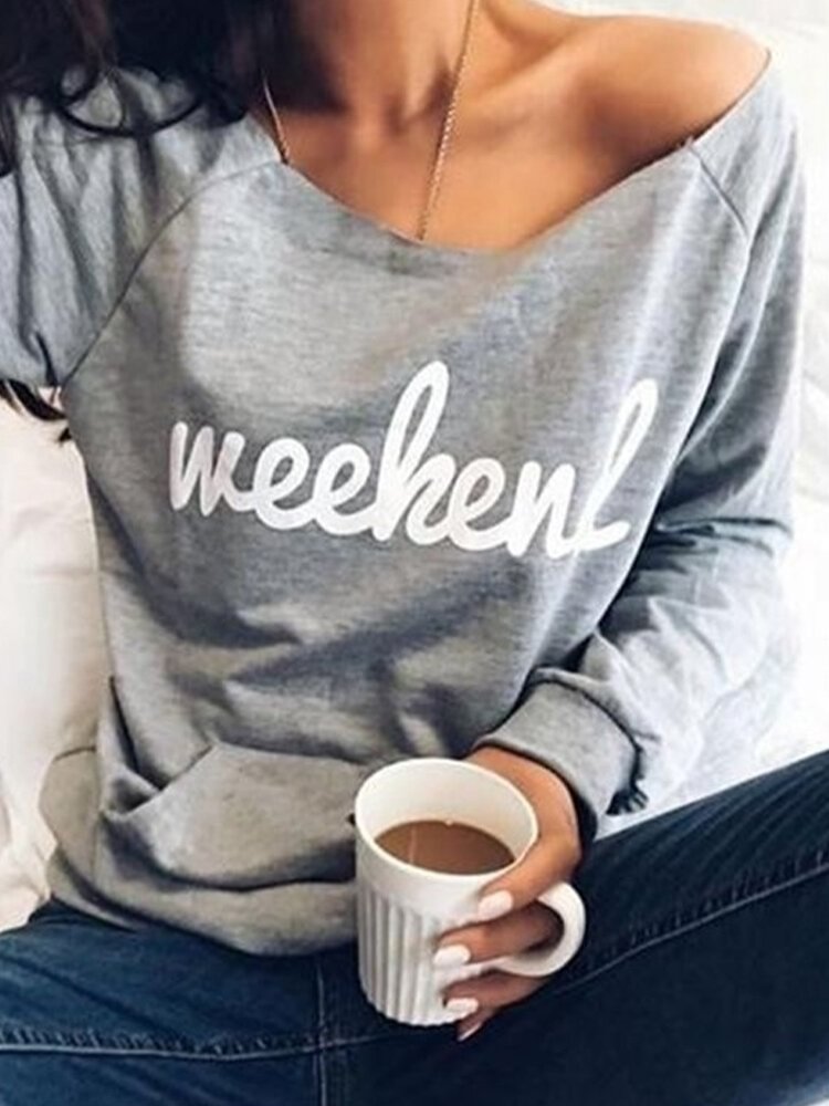 Letter Print Off shoulder Long Sleeve Casual Blouse For Women P1706114