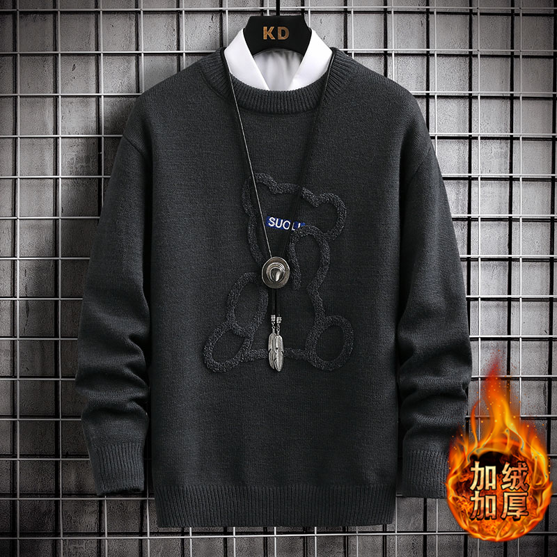 Mens Winter Thicken Fleece Warm Sweater Mens Fashion Casual Round Neck Bear Print Knitted Pullover Street Outdoor Sweatshirt 4XL