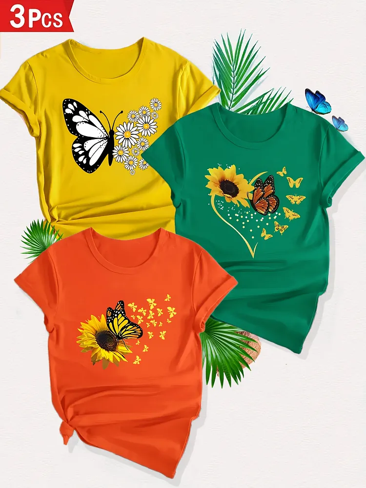 3pcs Womens Short Sleeve T-Shirts Butterfly Floral Print Elegant Casual Tees Vibrant