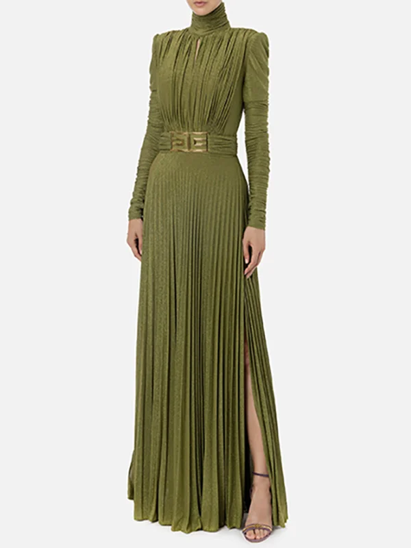 Pleated Solid Color Split-side V-back Long Sleeves High-neck Maxi Dresses Evening Dresses