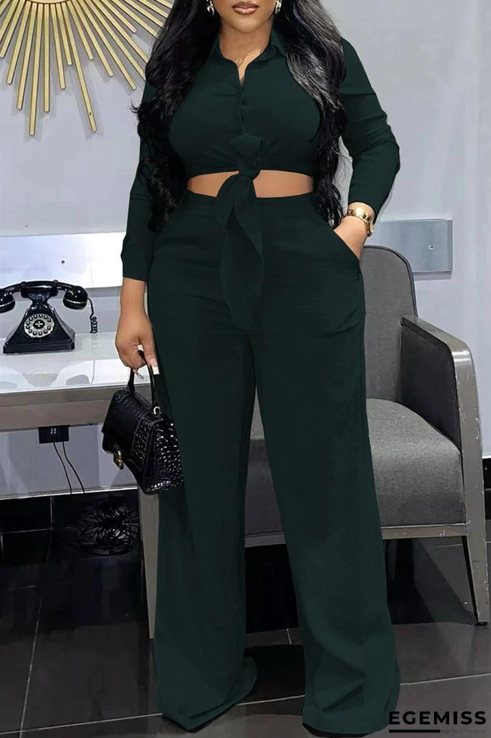 Ink Green Fashion Casual Solid Bandage Turndown Collar Long Sleeve Two Pieces | EGEMISS