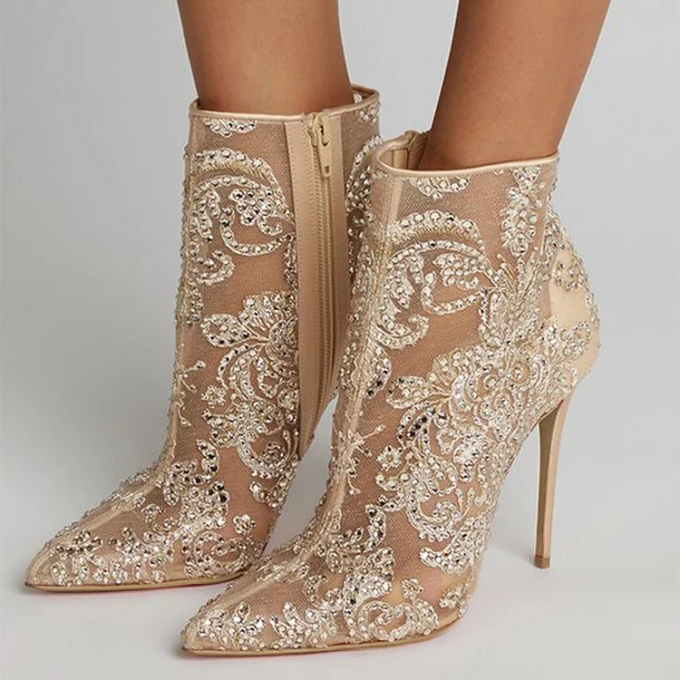 Nude Floral Rhinestone Pointy Ankle Boots with Stiletto Heels Vdcoo