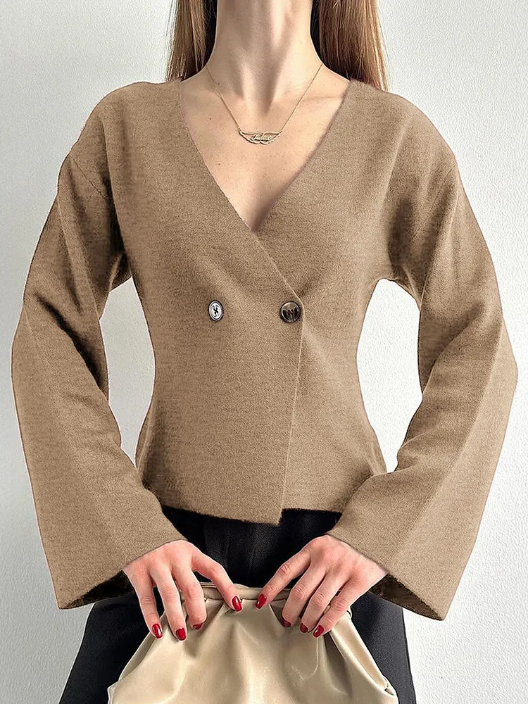 Long Sleeves Buttoned Solid Color V-Neck Cardigan Tops