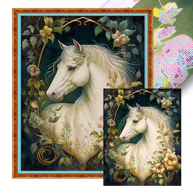 Flowers And White Horses 11CT Stamped Cross Stitch 50*60CM