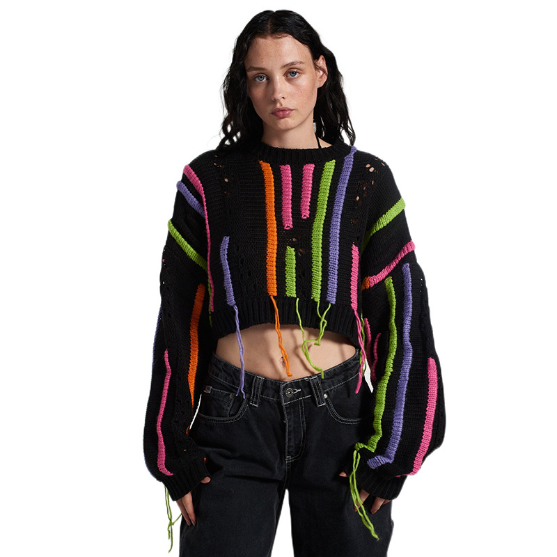 Women Clothing Autumn Winter Street Shooting Knitwear Color Matching Tassel Wild Casual Sweater - Ootddress