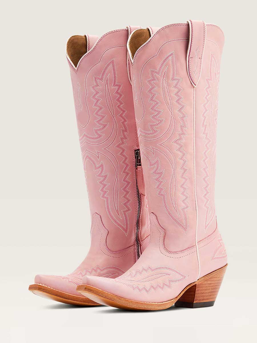 Cute Pink Snip Toe Chunky Heel Embroidered Knee Cowgirl Boots