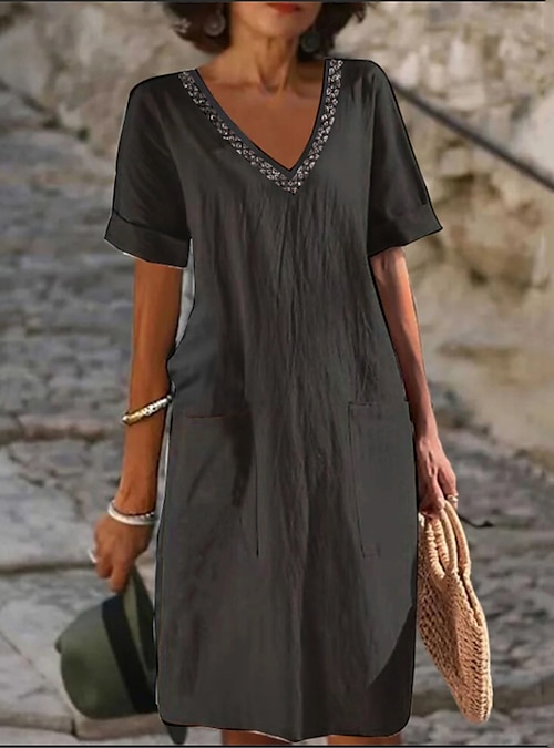 V-neck Solid Color Short Sleeved Cotton Linen Dress