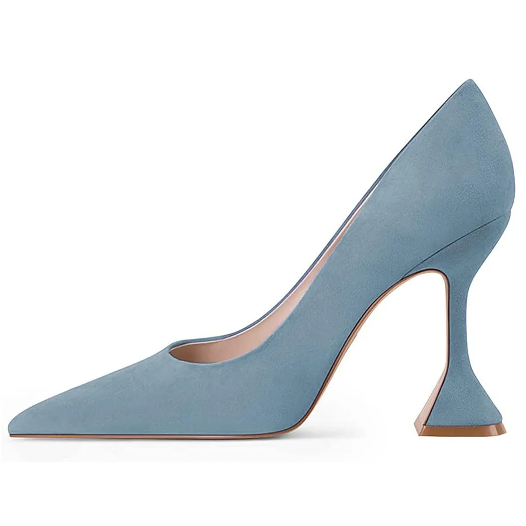 Light Blue Vegan Suede Pointed Toe Pumps Shoes with Flared Heel
