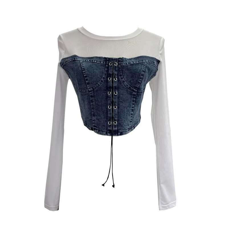 Uveng Real Shooting Denim Splicing Mesh Design Long-Sleeved T-Shirt Wearing Rope Tie Short Repair Body Coat 2638