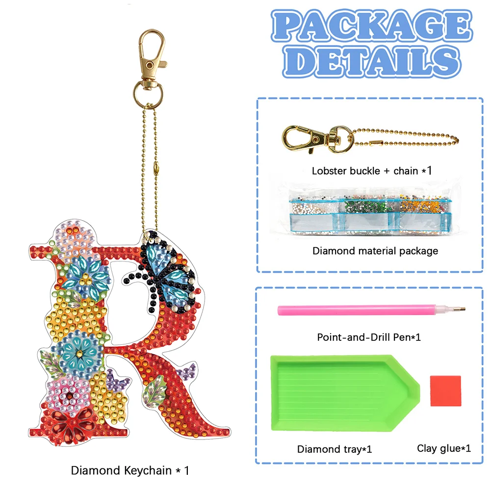 DIY R Diamond Art Key Rings Lettter Keychain Supplies Gift for Kids(Double Sided)