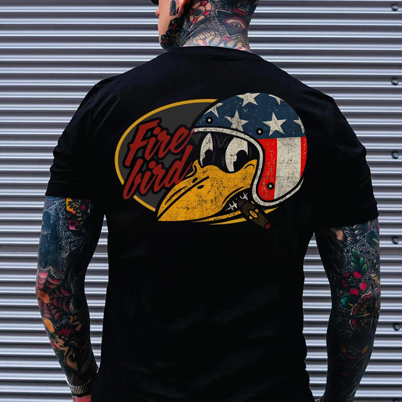 FIRE BIRD USA Flag Helmet Hot Rod Bird Print Men's T-shirt
