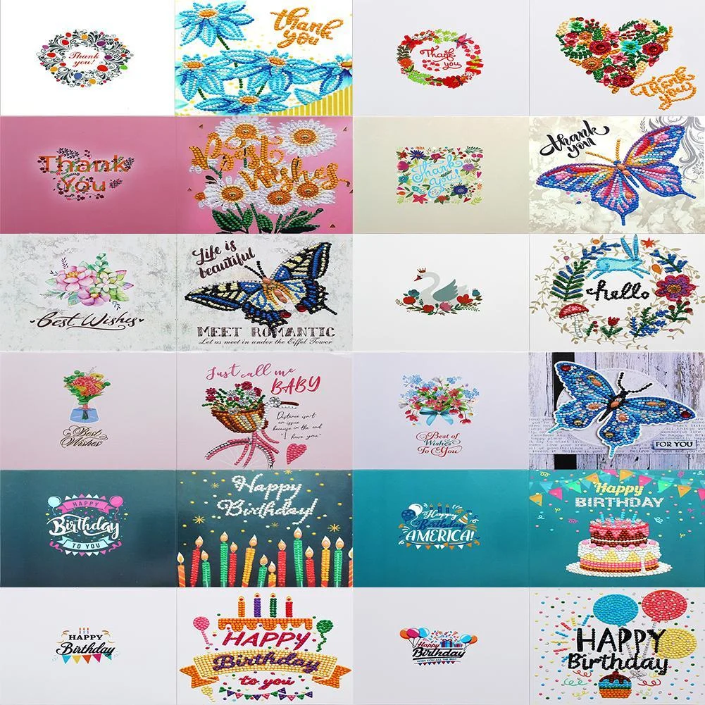 12pcs Diamond Painting Greeting Card - Rhinestone - Embroidery for Birthday【With White Envelope】