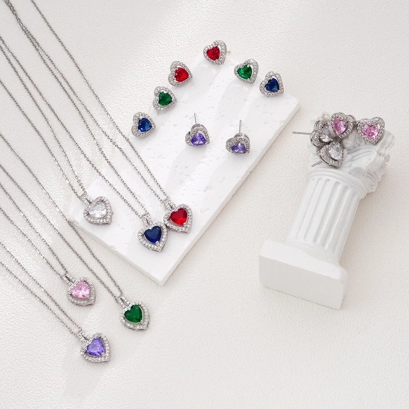 Glam Heart Shape 304 Stainless Steel Copper Zircon Inlay Earrings Necklace