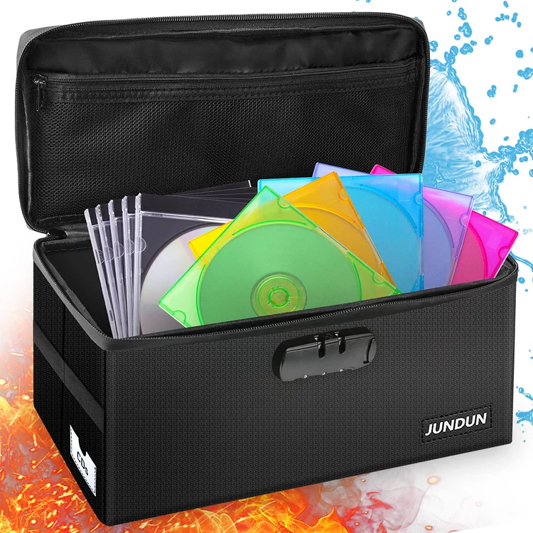 JUNDUN CD Storage Box with Lock, Water-Resistant and Fireproof CD Storage Collapsible & Durable CD Holder with Lid - Black