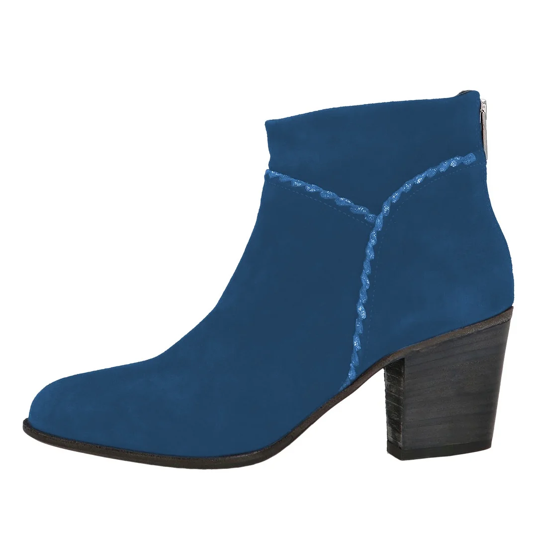 Blue Vegan Suede Round Toe Zipper Booties for Women with Stitching