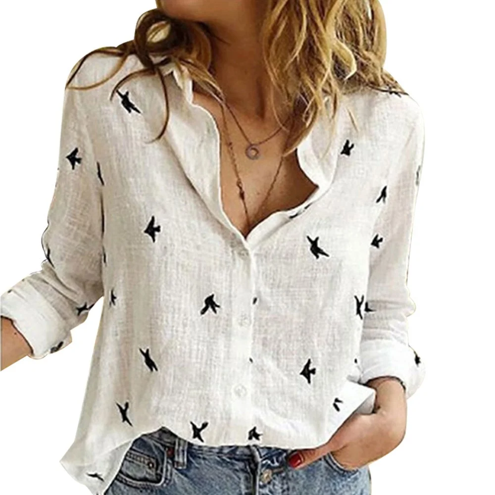 Casual Long Sleeve Loose Shirts Women Cotton Linen Birds Print Blouses LadiesTops Vintage Streetwear 5XL Female Tunic