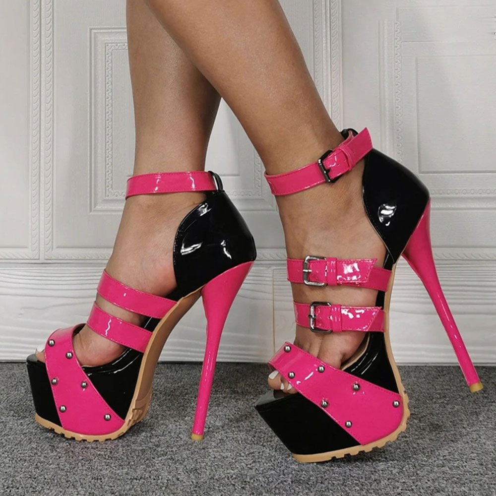 Ankle Strap Platform Pink Black Stiletto Heel With Buckle Decor
