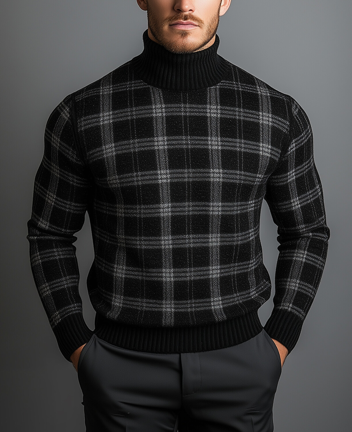 Okaywear Plaid Knit Turtle Neck Long Sleeve Sweater