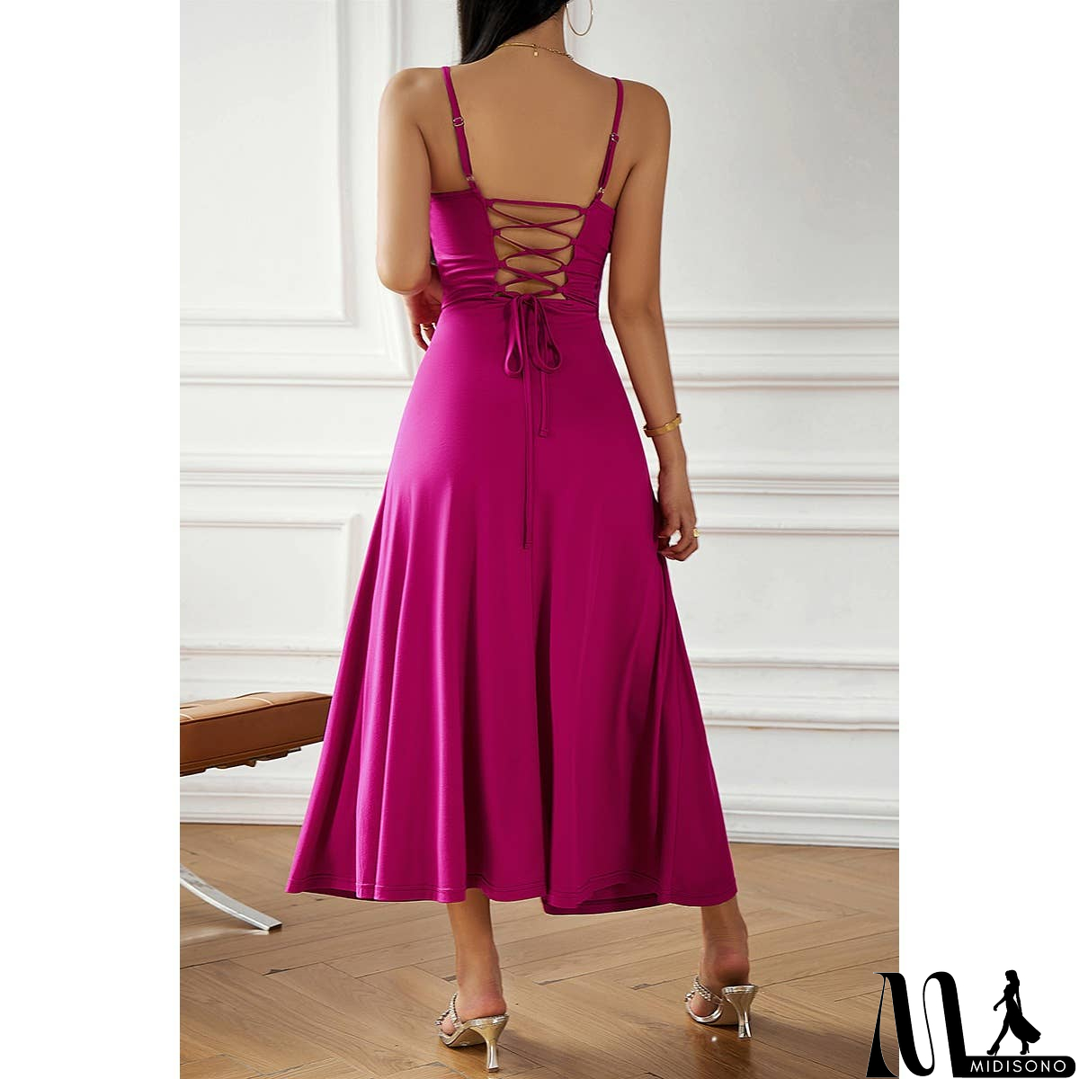 MidiSono - Solid Sleeveless Fit Cross Back Knot Full Dress