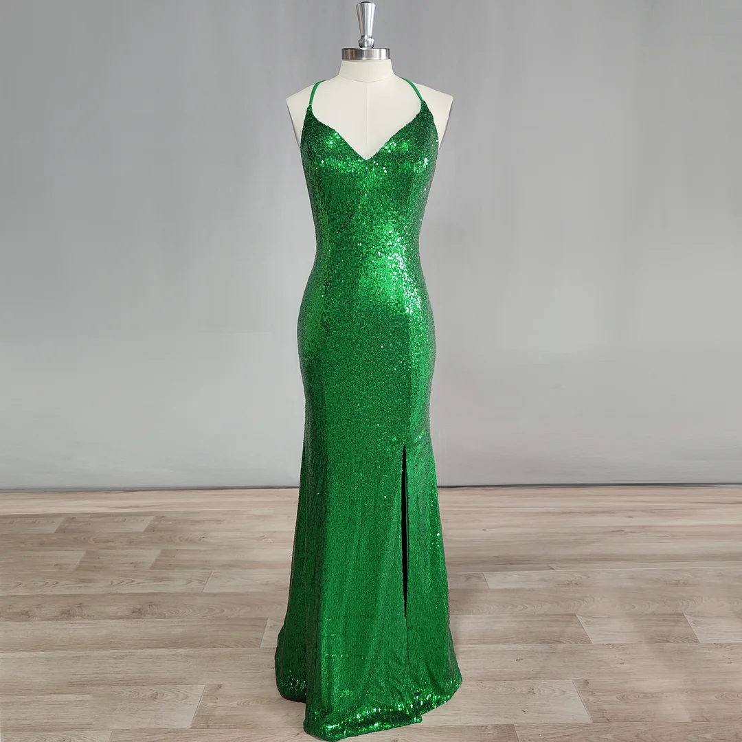 Real Photos Green  Spaghetti Straps Prom Dress Sequin V Neck Sleeveless A Line Backless Evening Gown