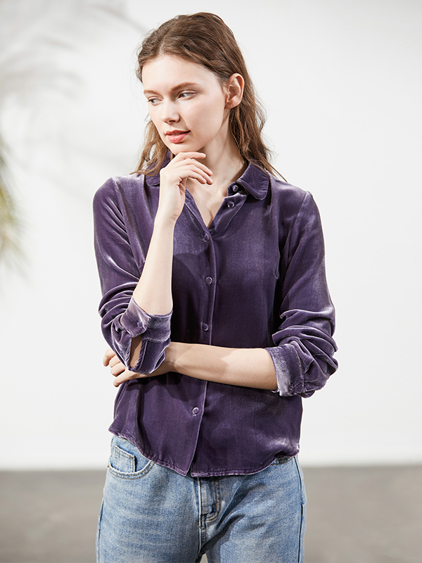 Luxurious Pure Color Polo Silk Velvet Shirt For Women REAL SILK LIFE