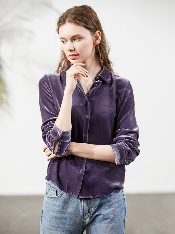 Luxurious Pure Color Polo Silk Velvet Shirt For Women-Real Silk Life
