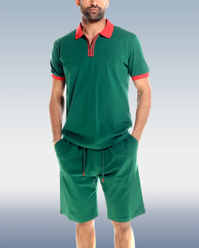 Men's Green POLO Shirt 2 Piece Shorts Set