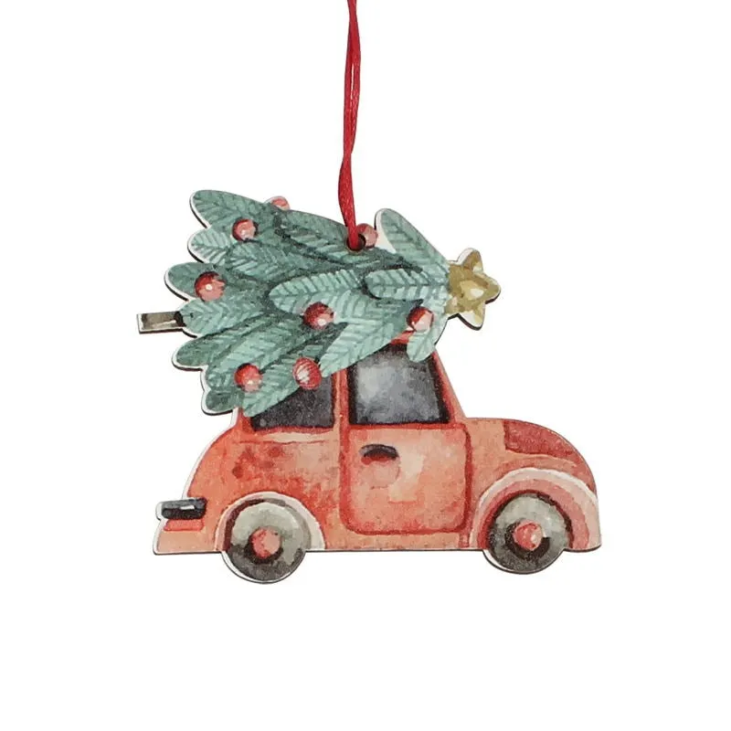 HUADODO 3Pcs Vintage Christmas Truck with tree Ornaments Wooden Christmas decoration for Xmas tree Ornament Party Kids gift