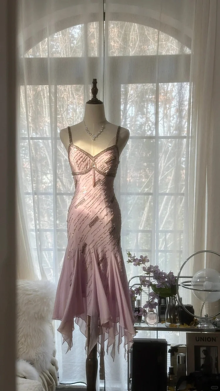 Pale Pink Elegant Fashion Sophisticated Beaded Sweetheart Neck Spaetti Straps Long Chiffon Ruffled Homecoming Dress Prom Dress Evening Dress Birthday/Vacation Party Dress Prom Dress